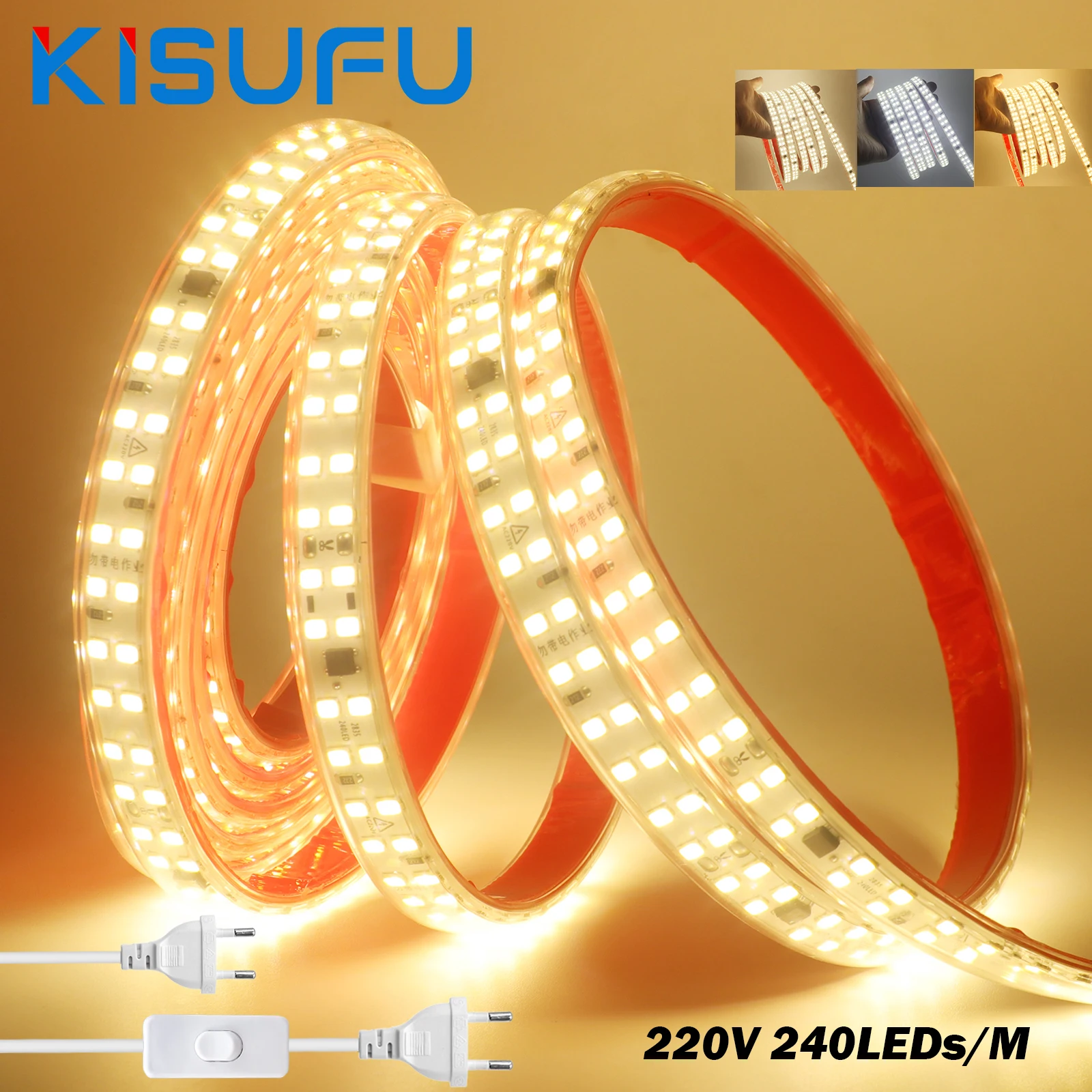

AC 220V LED Strip Light Waterproof No/With Switch Plug 240LEDs/M White Natural Warm Flexible Adhesive Tape Indoor Outdoor Decor