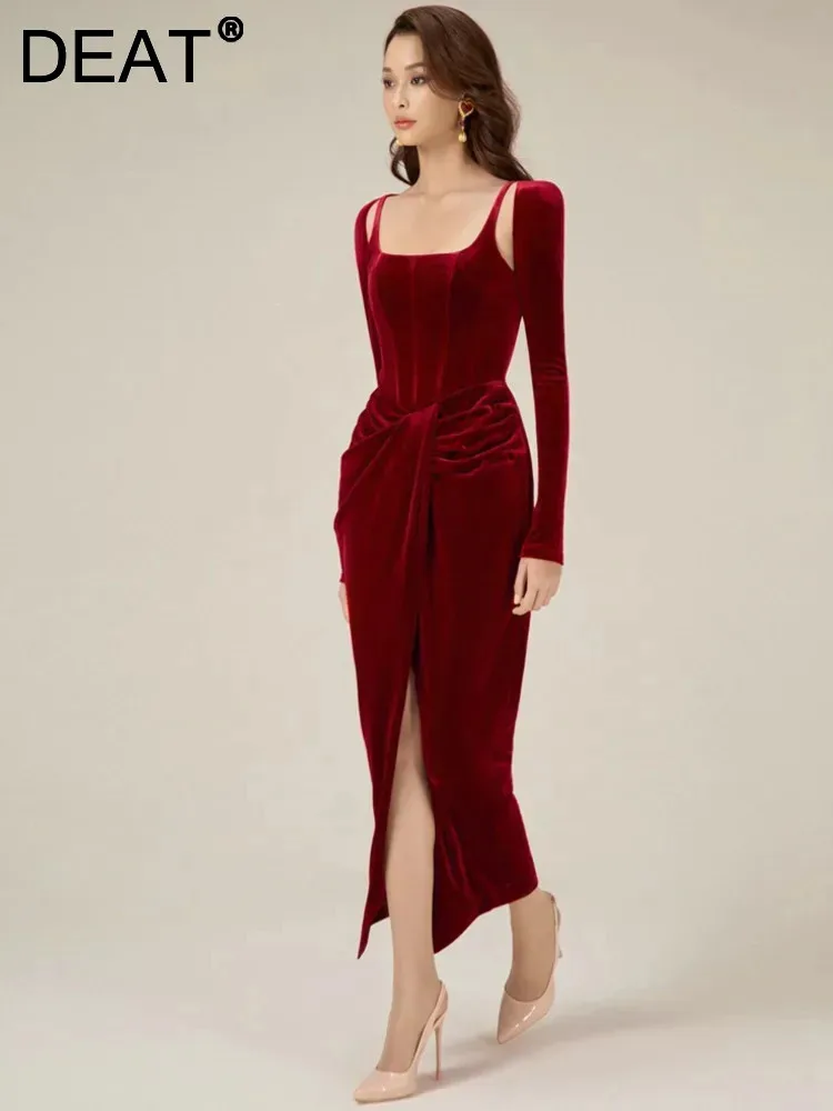 

DEAT Elegant Dress Slip Velvet Pleated Waist High Slit Hollow Out Women's Evening Party Dresses 2024 Autumn New Fashion 13DB1722