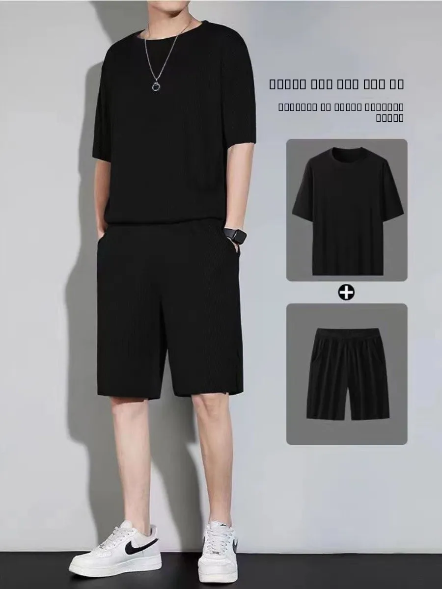 

Large Size 300 Pounds Ice Silk Sports Set Men Summer Wear Thin Casual Short Sleeve T-Shirt Five Pants Quick Dry Clothes