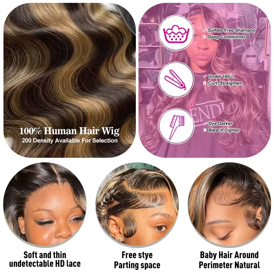 30 Polegada 4/27 mel loira destaque 250 densidade onda do corpo ombre destaque peruca de cabelo humano 13x6 peruca dianteira do laço cabelo humano para mulher