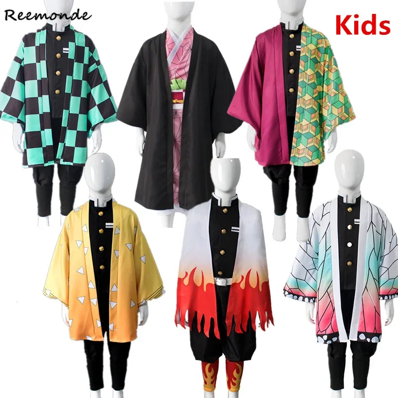 Kids Demon Cosplay Costume Kimono Agatsuma Zenitsu Tomioka Giyuu Kimono Uniforms Kamado Tanjirou Wigs Halloween Carnival Party