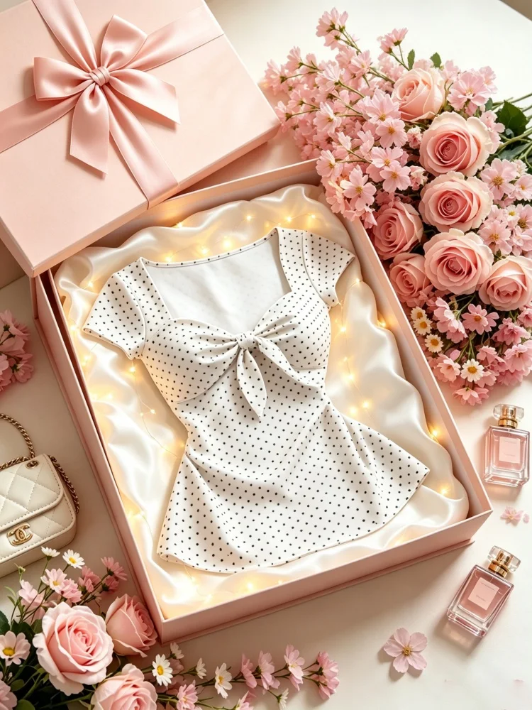 Women's White Polka Dot Bow Square Neck Blouse, Waist-cinching Slim-fit Short Sleeve Casual Summer Shirt