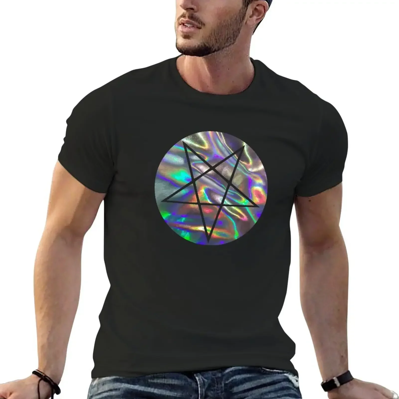 silver hologram print pentagram T-Shirt rapper graphic tees animal prinfor boys anime clothes funny t shirts men