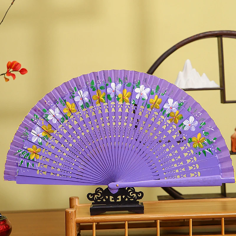 Chinese Style Double-Sided Folding Fan Hollow Double-sided Craft Gift Dancing Printing Wood Spanish Hand Fan Party Supplies