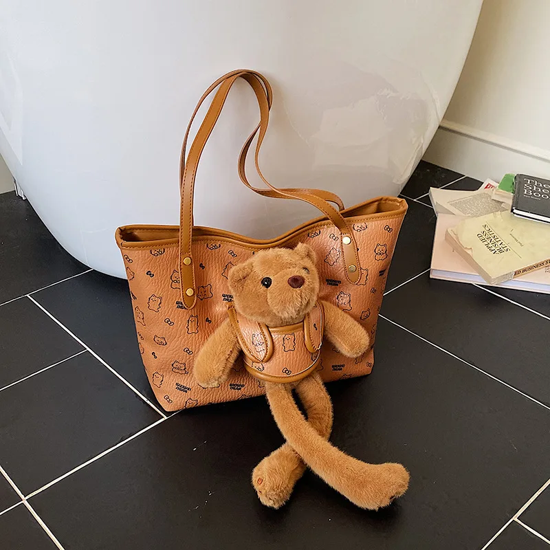 

‌Fall 2025 Teddy Bear Print Tote Bag - Spacious Shoulder Handbag for Women, Trendy Whimsical Canvas Purse