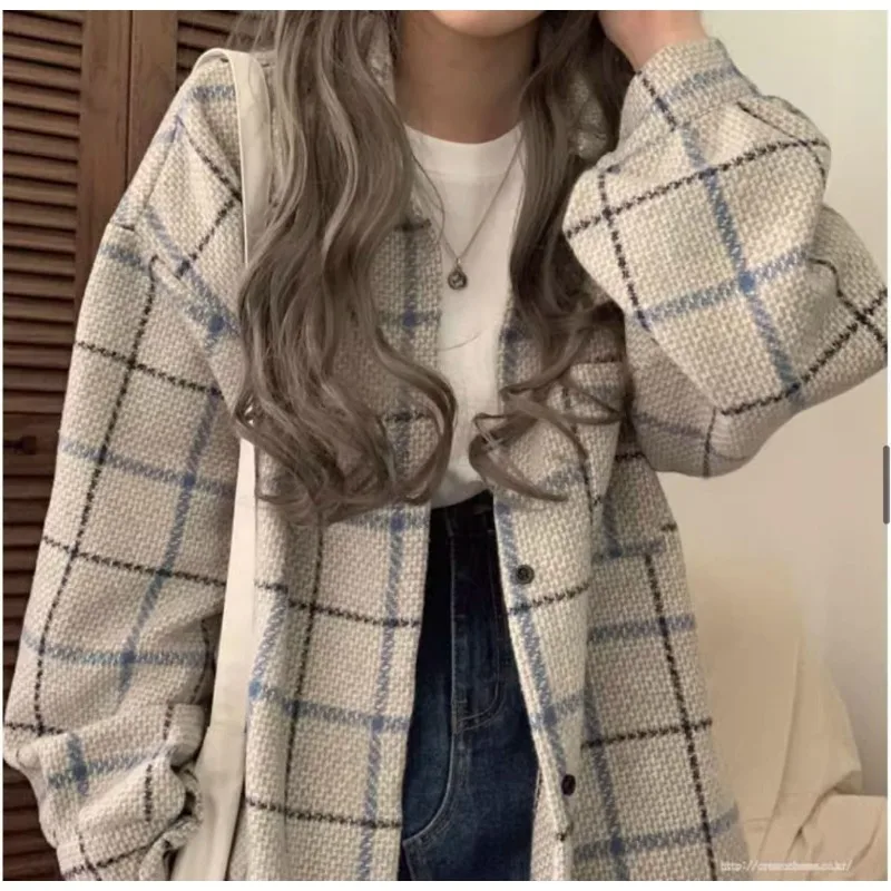 

Модные шерстяные клетчатые рубашки, топы для женщин, осенние новые свободные рубашки в корейском стиле с длинными рукавами, универсальные куртки