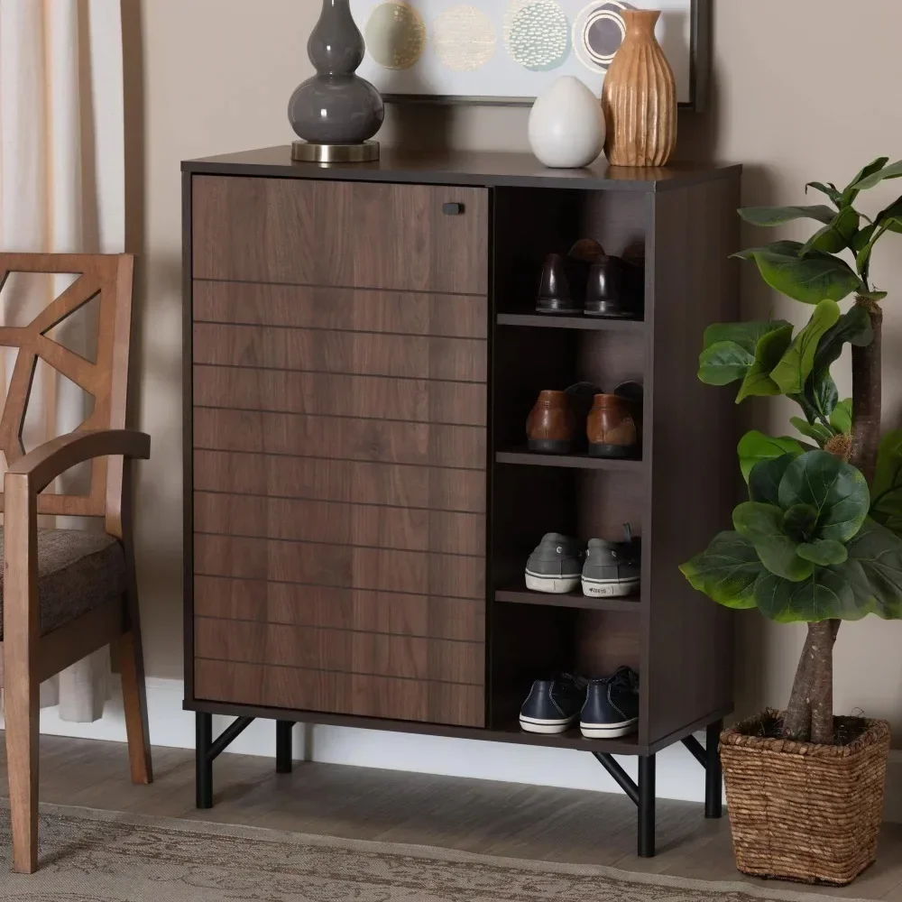 

Shoe Cabinet, Walnut Brown Finished, Mid-Century Modern Style, Wood 1-Door Shoe Cabinet