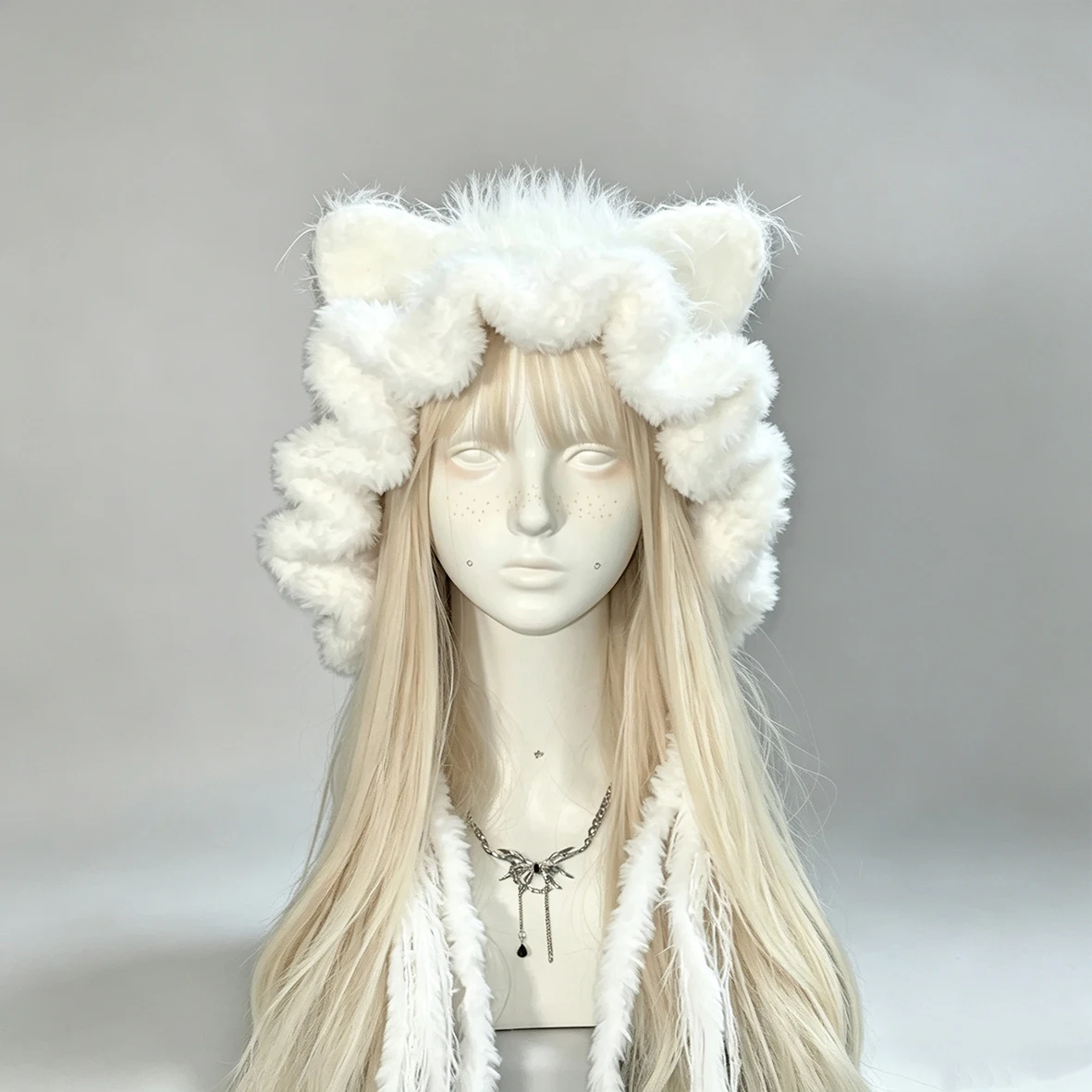 Handmade Custom Crochet White Cat Ear Ruffle Hat Women Soft Fuzzy Knitted Beanie Girls Fairycore Kawaii Winter Warm Hood Hat