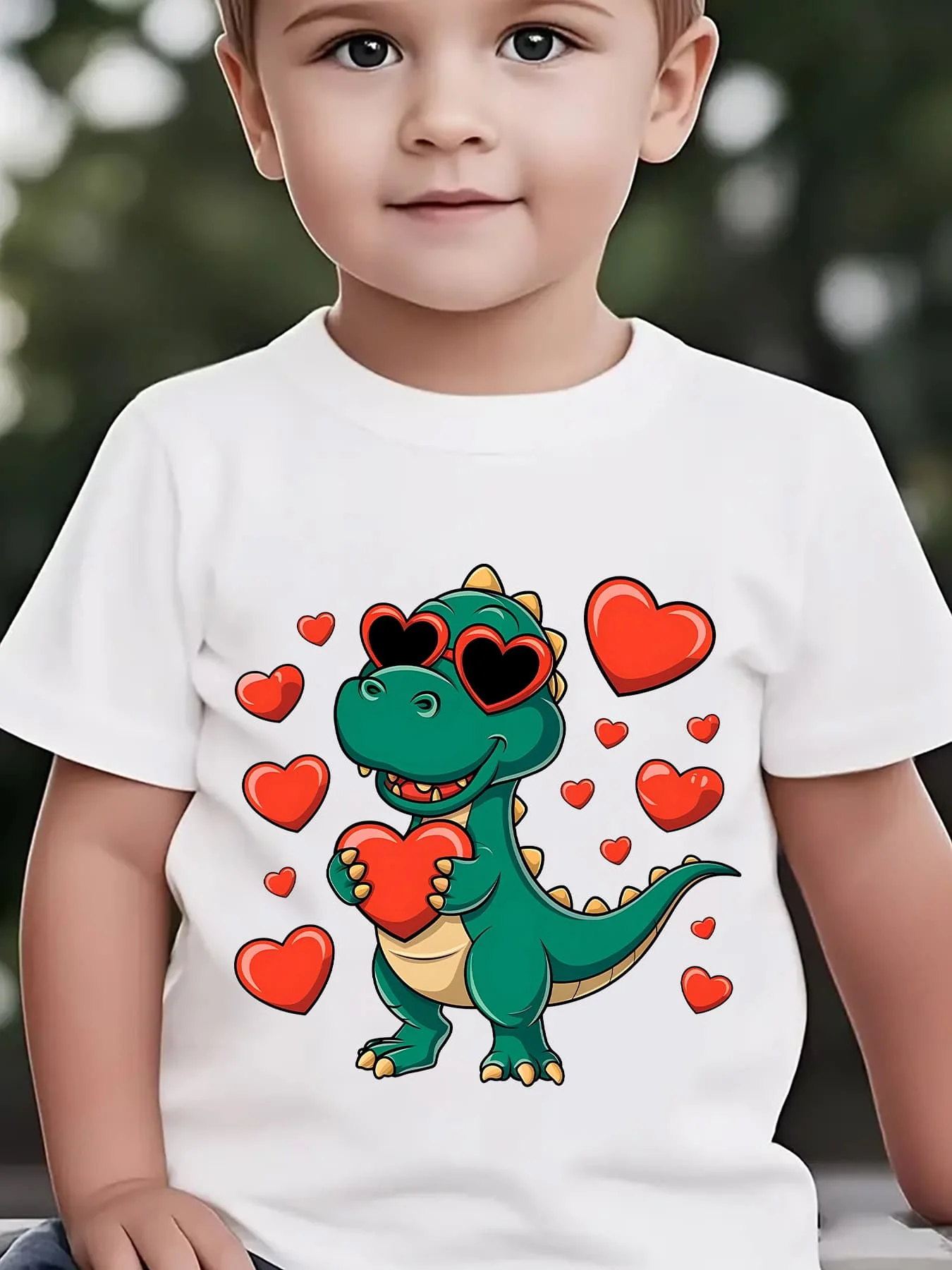 Heart Sunglasses Green Dinosaur Red Love Hearts Family Matching Cotton Tees Short Sleeve Tops For Mom Dad Boys Girls Daily Wear