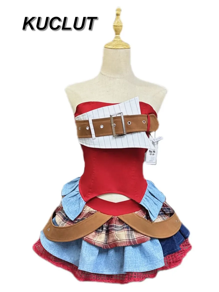 

Gothic Red Splicing Denim Tube Top Vest Top Women Summer Pure Desire Ruffle Pleated Cake Skirt Girls Y2k Skirt Two-piece Sets