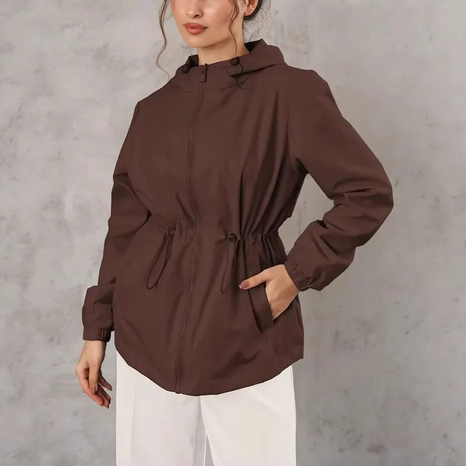 Hooded Zip Up Windbreaker Jacket Modern Classic Solid Color Drawstring Waist Long Sleeve Pockets Casual Outdoor Outerwear Jacket
