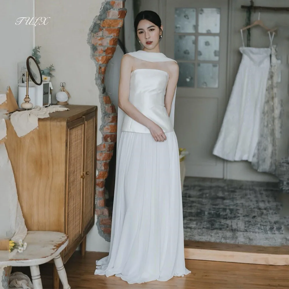 TULX Elegant White Satin Wedding Dresses Korea Photo Shoot Strapless Scarf Chiffon Long Bridal Gown Corset Customized 웨딩드레스 2026