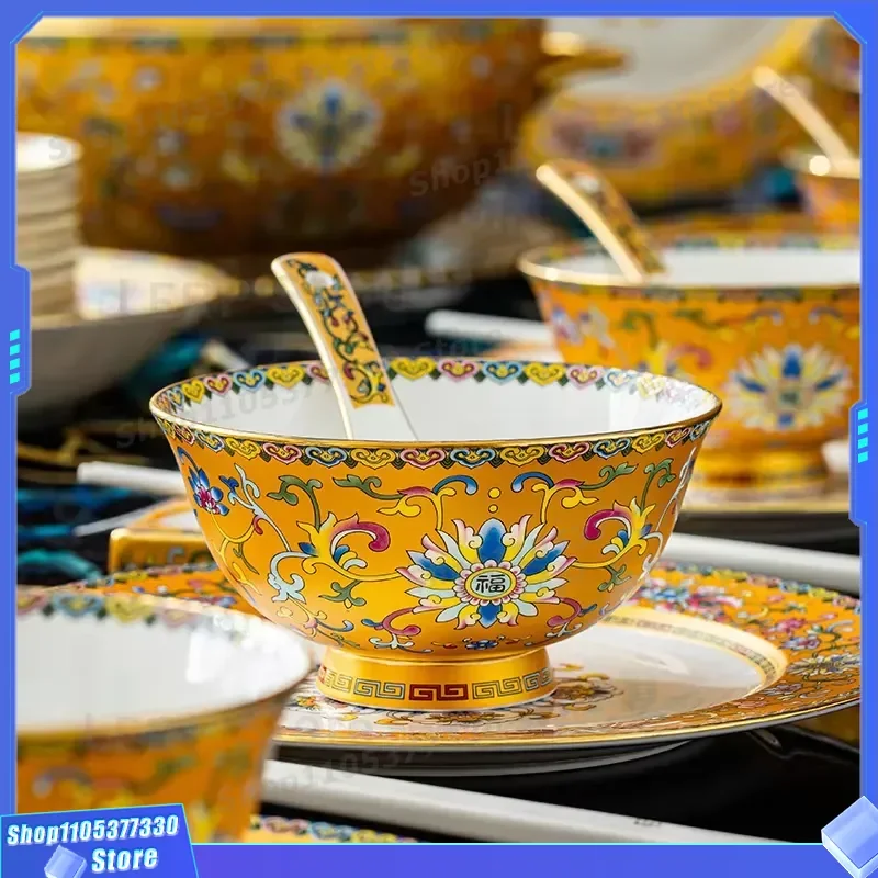 40 Piece Ceramic Dinnerware Set Enamel Painting Process Exquisite Tableware Collection For Family Dining Room Elegant Gift