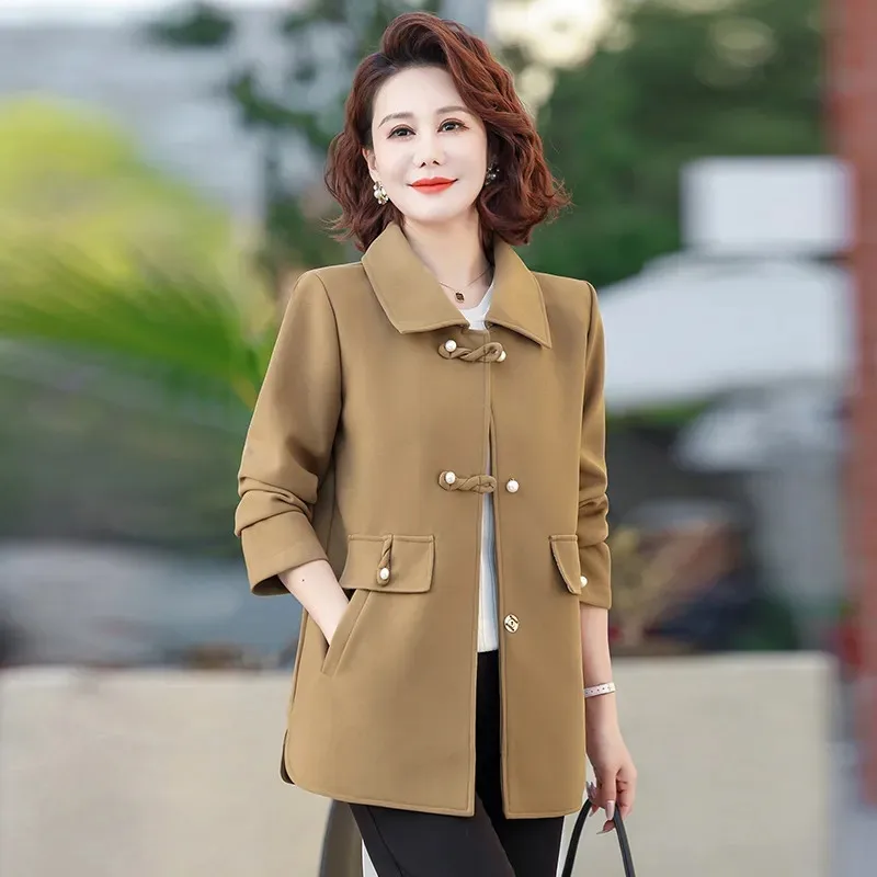 

Temperament Women's Middle-aged Mother Coat 2024 Spring Autumn Female Long Lapel Solid Color Jacket Middle-aged Old Overcoat