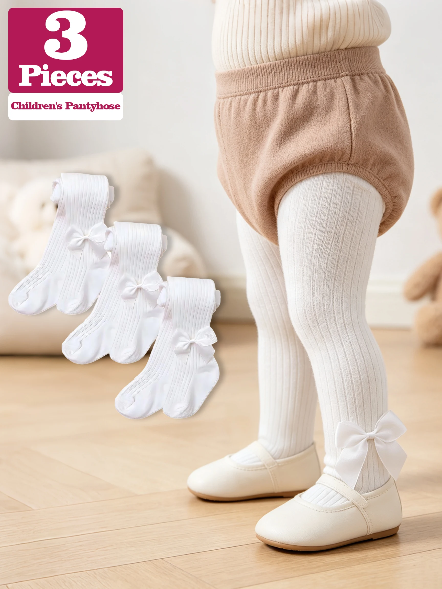 3Pcs Sweet Princess White Ribbed Bow Baby Girls Pantyhose 0‑3Y Stretchy Kids Tights Spring Autumn Versatile Daily Dress Outfit