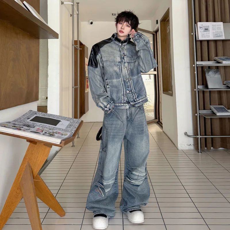 WVGA Spring Autumn New Men American Style Deconstructed Patchwork Leather Stand-collar Short Coats Wide-leg Jeans Set Ins W27332 view 2