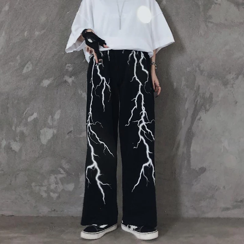 Harajuku casual Trousers punk lightning print loose vintage cargo pants high street straight wide-leg Women's pants y2k clothes