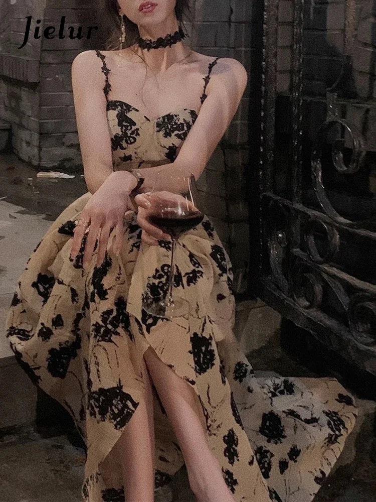 Jielur Sommer Floral Strap Midi Kleid Frauen Ärmellose Elegante Vintage Kleid Abend Party Einteiliges Kleid Koreanische Mode