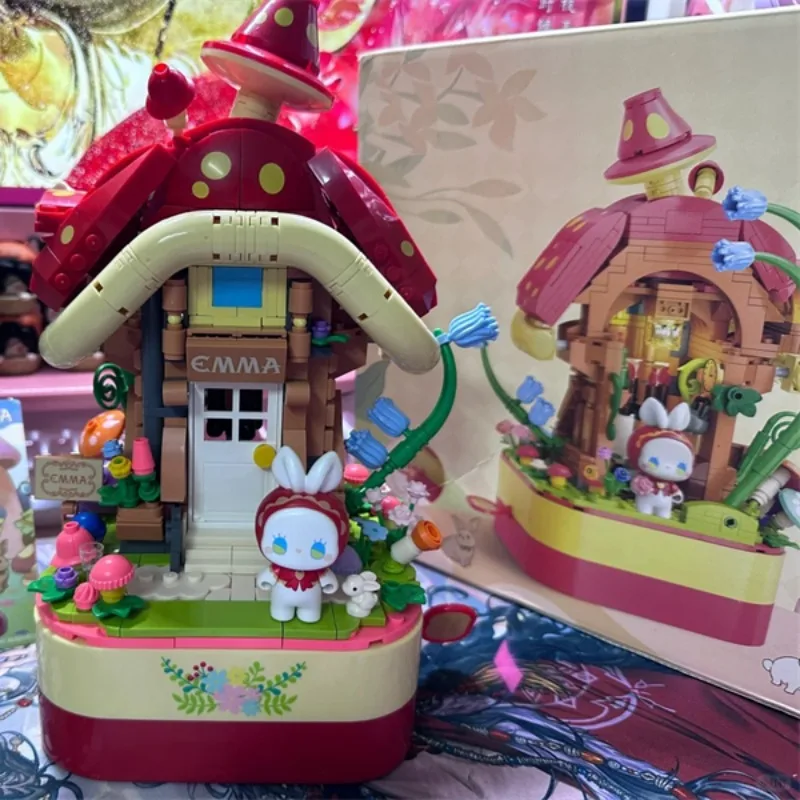 MINISO EMMA Secret building blocks mushroom house music box children's educational assembly toys kawaii birthday gift for girls