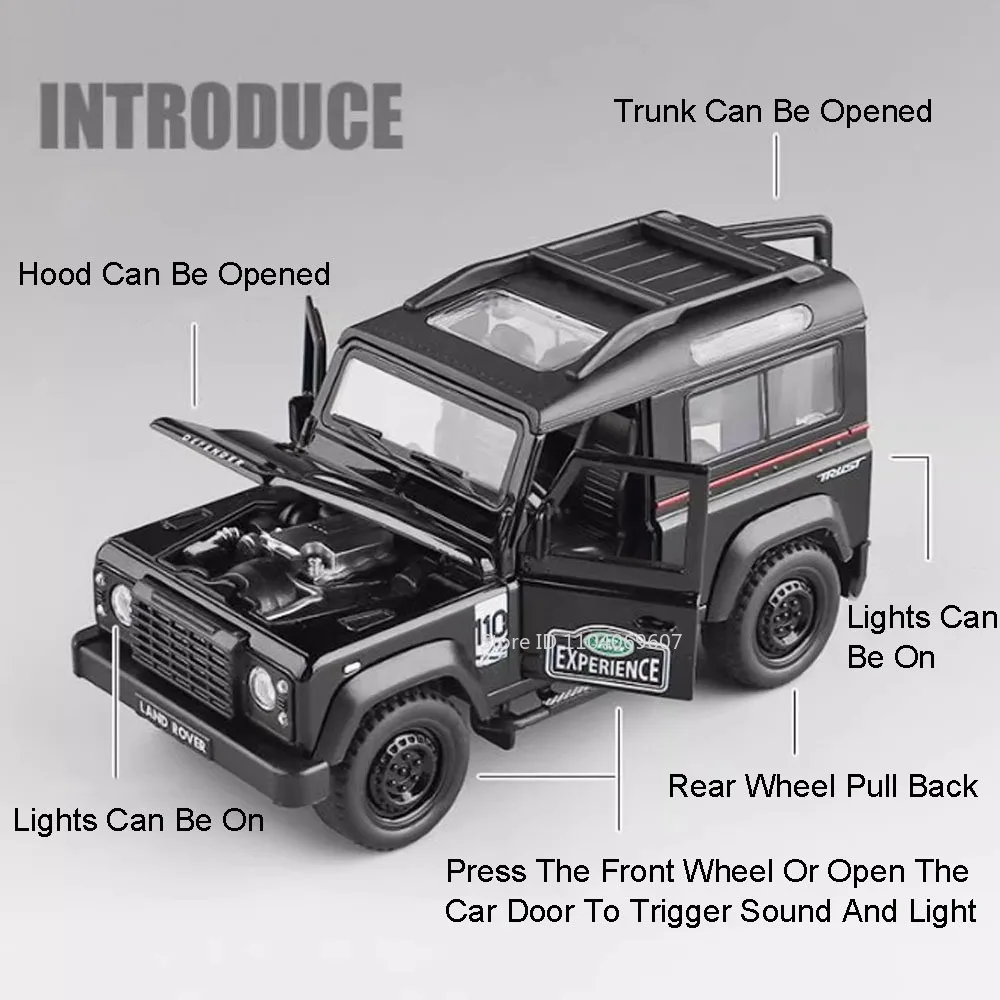 1:32 Land Rover Defender 110 Miniature Car Model Toys Alloy Diecast Off-road Vehicle Doors Opened Pull Back Toy Vehicles Gifts