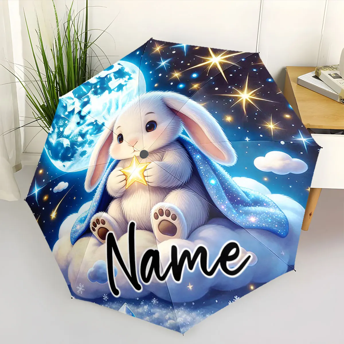 Custom Name The rabbit holds a star on a dreamy umbrella design Print 8 Iron Ribs Folding Umbrella Auto-Open Fashion Sunshade