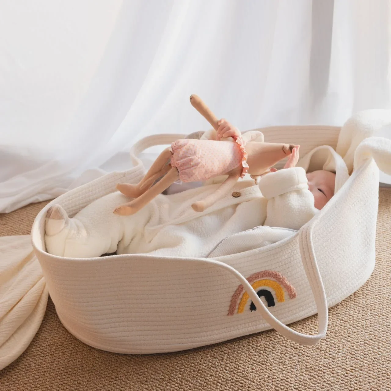 Culla portatile per il trasporto del bambino per culla intrecciata per neonato Cestino per dormire all'aperto Cestino portaoggetti per asilo nido Puntelli per fotografia