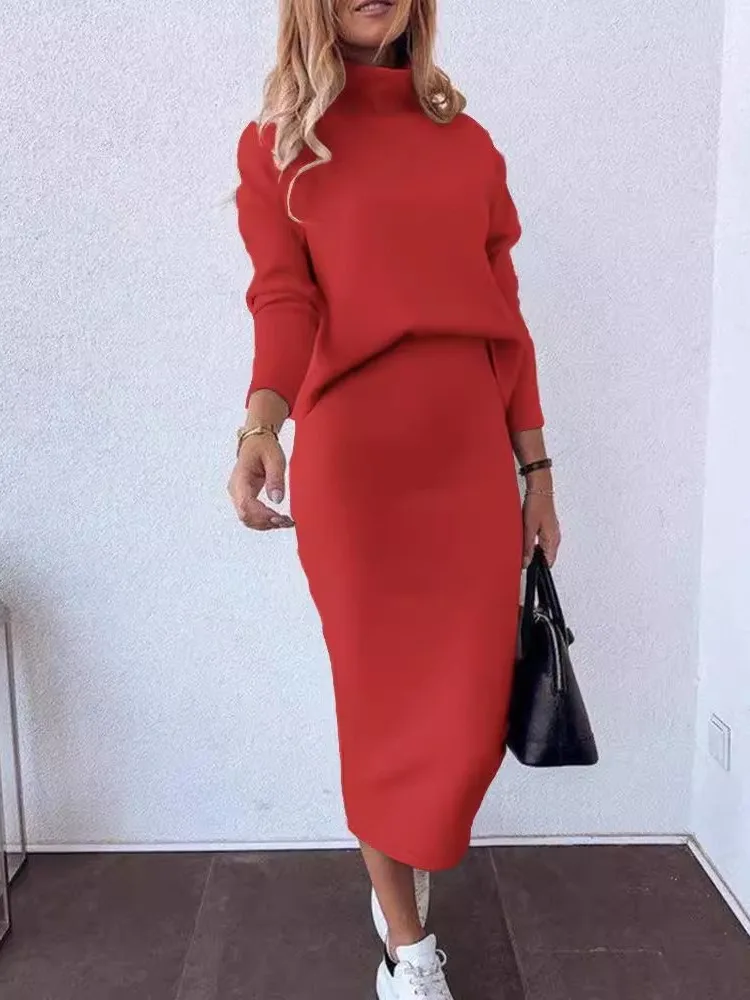 Casual Two Piece Set Women Outfit Autumn Winter Long Sleeve Turtle neck Sweatshirt & High Waist Skirt Sets Ladies Elegant Suit