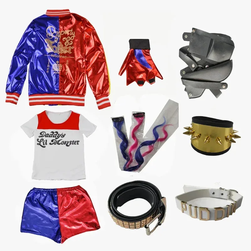 Halloween Kids Adult Cosplay Costume Quinn Squad Harley Monster T-Shirt Pants Accessories Full Set