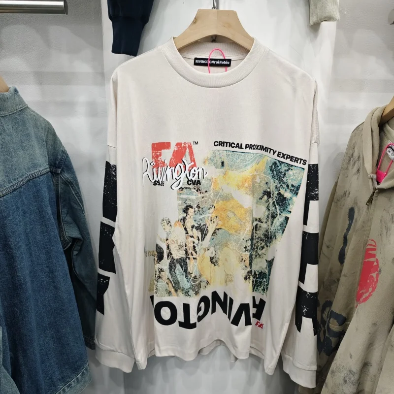 

Ретро футболка с длинным рукавом R123, мужской повседневный пуловер большого размера, винтажный принт, свободная уличная одежда