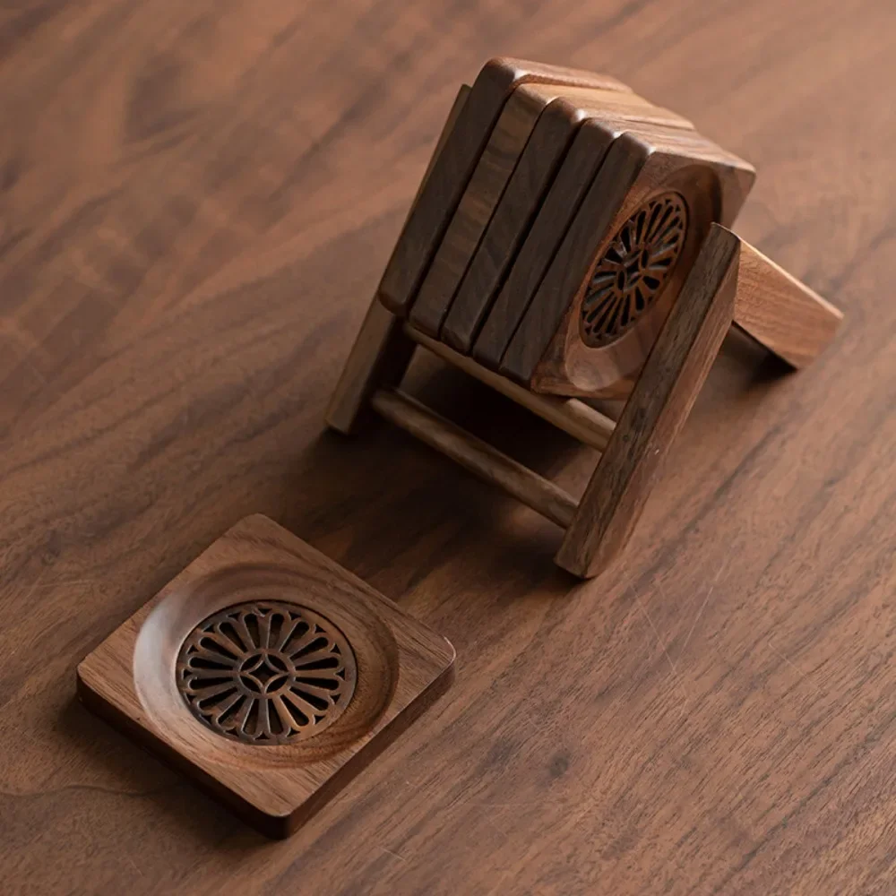 Black Walnut Wood Coaster Set with Foldable Storage Rack, Heat Insulation Cup Mat, Tea Table Decor for Coffee Mug Tableware