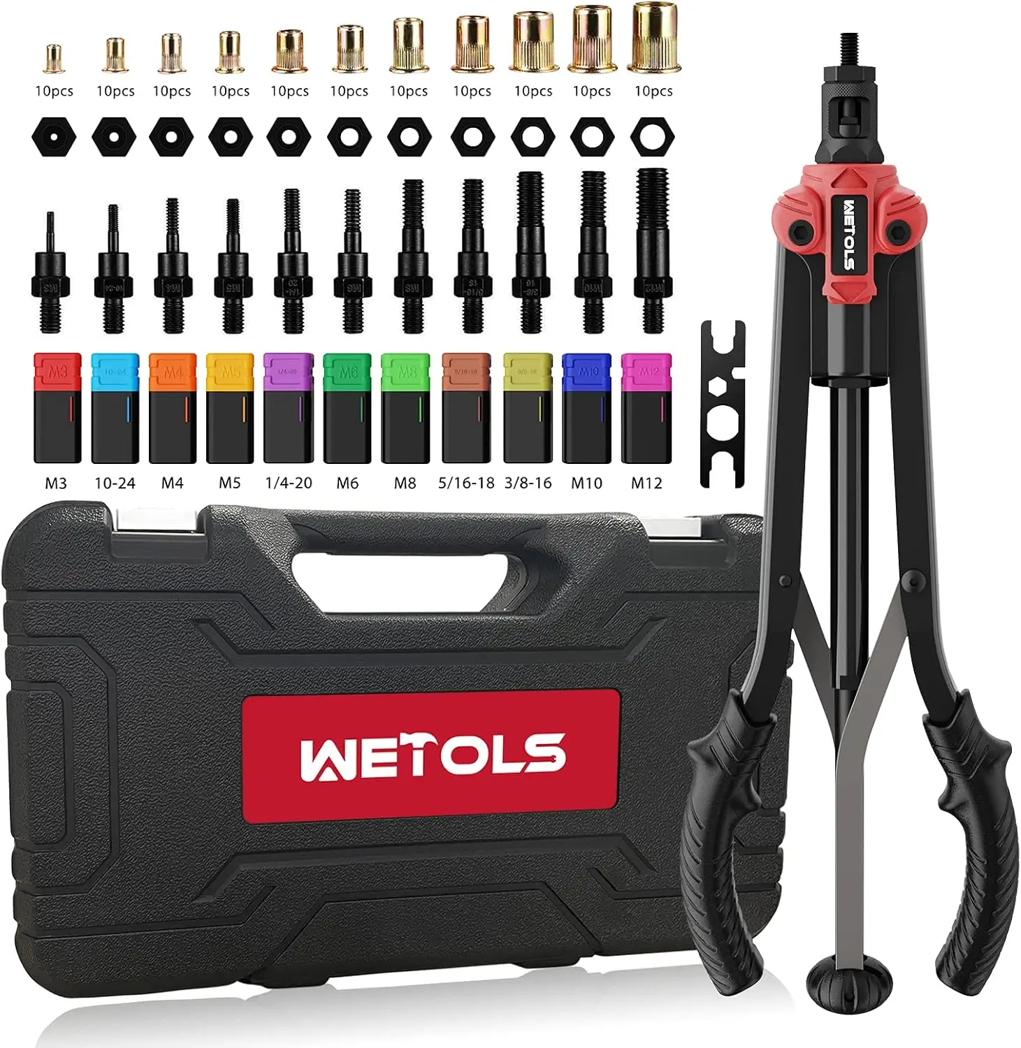 

17-Inch Hand Rivet Nut Tool Kit with 11 Mandrels & 110 Rivnuts, Auto Release Design, Sturdy Case
