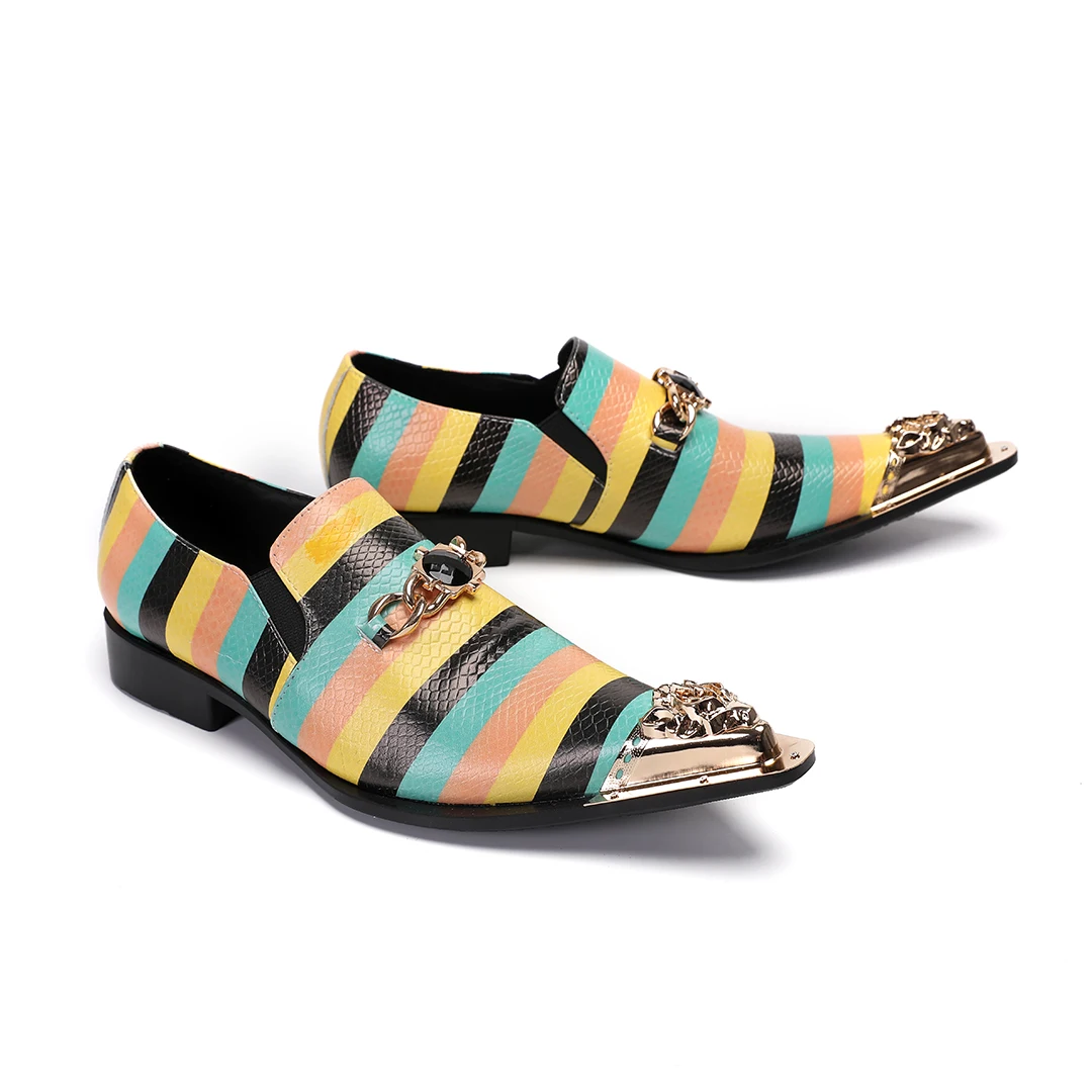 

Fashion Metal Pointed Toe Male Genuine Leather Formal Dress Shoes Plus Size Stripe Print Men Casual Business Shoes Footwear