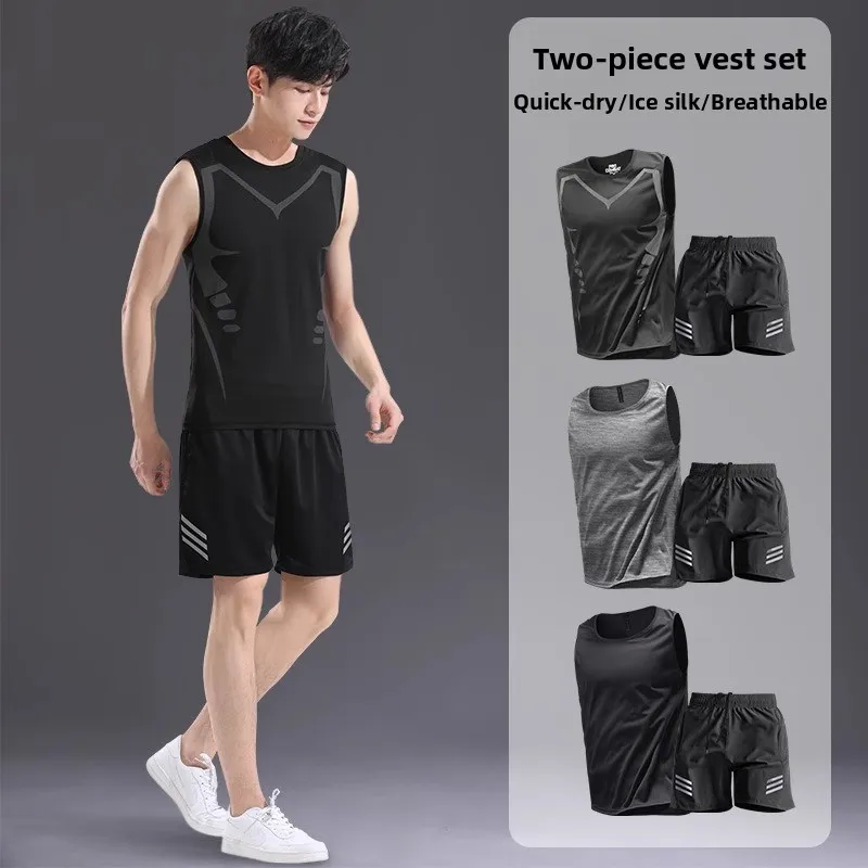 

Ice Silk Svel T-irt Set Men's Summer Qui Dry Fitn Vest Casual Sports orts Running a Set of Men's Clothing