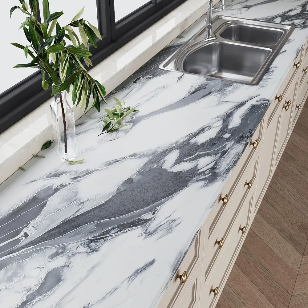 VEELIKE ورق اتصال رخامي سائل أبيض وأسود مقاس 354 بوصة × 32 بوصة ورق حائط رخامي عريض قابل للتقشير واللصق لـ K