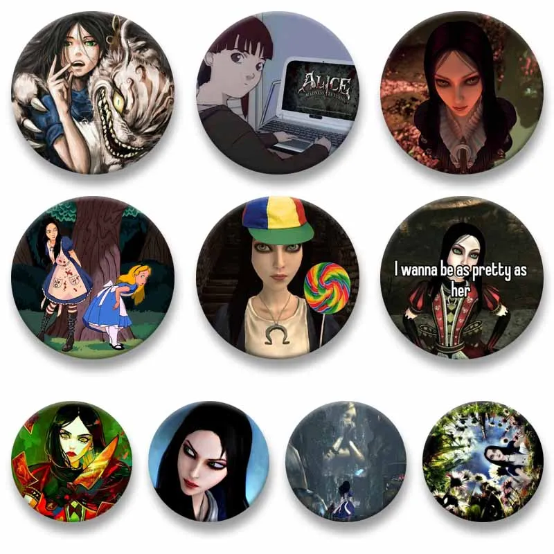 Horror Game Alice Madness Returns Lapel Pins Creative Cartoon Alice Liddell Brooch for Bag Shoes Cosplay Jewelry Badge Toys Gift