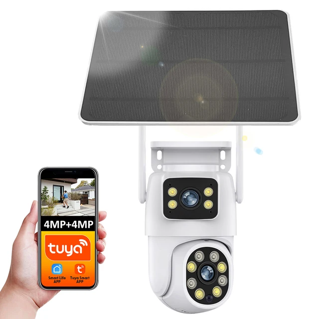 4MP + 4MP 8MP Tuya Smart Dual Lens Screen Battery Solar WiFi PIR Motion Tracking Outdoor Security Surveillance PTZ CCTV Camera FHD