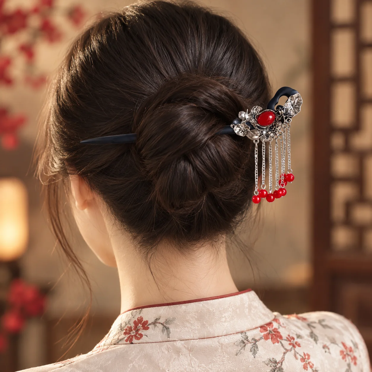 Vintage Chinese-Style Black Hairpin for Women with Red Beads and Silver Tassels, Long Hairpin for Updos, Traditional Hanfu and Qipao Style Hair Accessory, Floral Metal Carved Hair Ornament, Elegant and Graceful Hairpin with Pendant, Suitable for Banquets, Weddings, Festive Occasions, Stage Performances, Photoshoots, Dates, Holiday Gatherings, New Year, Spring Festival, Oriental Style, Long Hair Updo, Stable Hairpin, Classic and Elegant Versatile Style, Exquisite and Luxurious, Suitable for Daily Wear, Travel, Vacation, New Year, Chinese Style, Long Hair Updo, Stable Hairpin, Classic and Elegant Versatile Style
