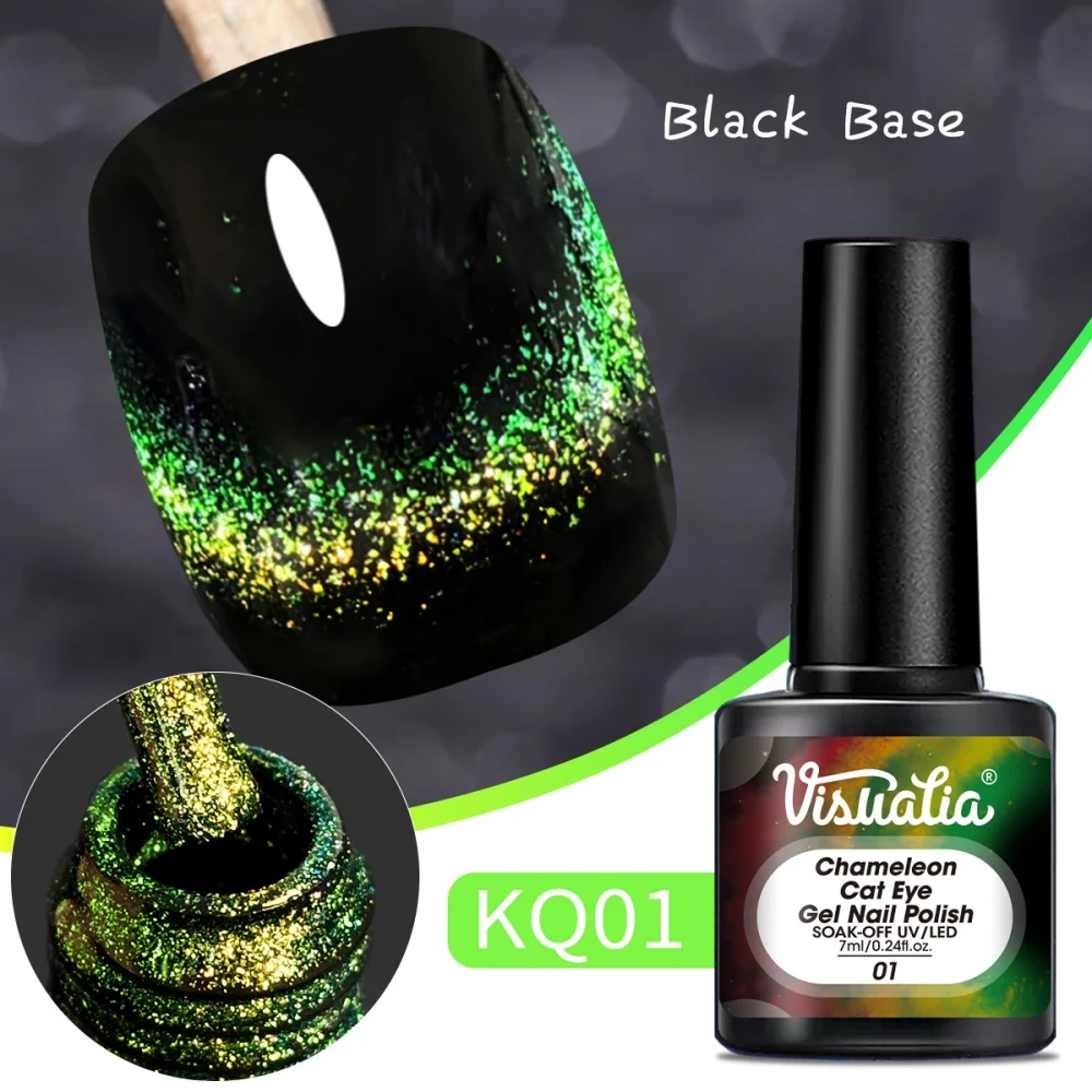 Visuatia Color-Changing Cat Eye Nail Polish Gel with Green and Gold Flowing Magnetic Powder Gloss, Paired with Black Base to Highlight the Luxurious Texture, for Daily Salon Manicure DIY Coloring Use