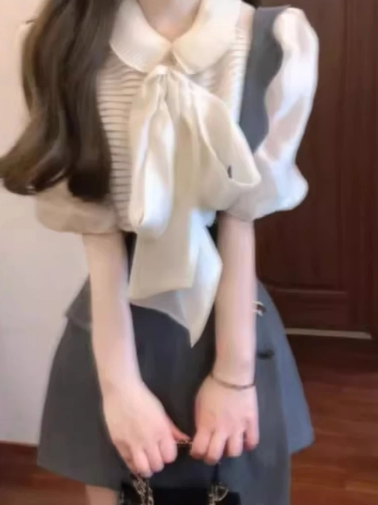 

Корейский антивозрастной комплект для женщин: милый комплект с бантом, коротким рукавом и поясом для утяжки талии, модный комплект для колледжа