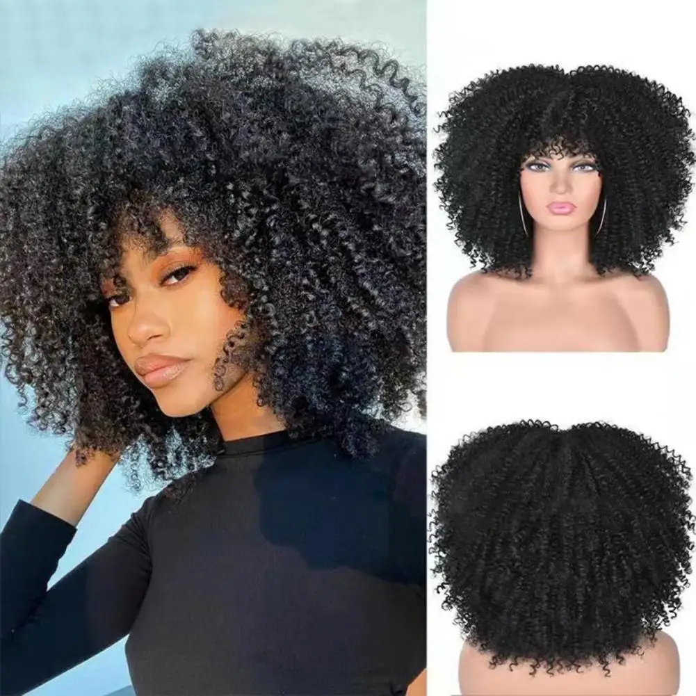 35cm Explosion Wig Fluffy Extend Hairs Black Short Hair Afro Kinky Curly Wigs With Bangs Synthetic Ombre Hair Glueless For Party