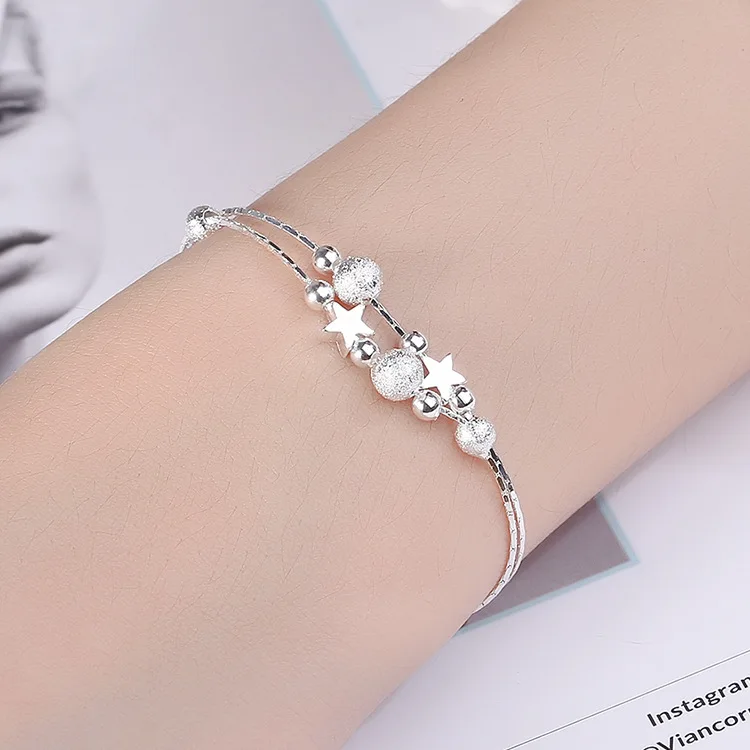 925 Sterling Silver Stars Bead Bracelets For Women Korean Designer Double Layered Chian Bracelet Party Wedding Exquisite Jewelry