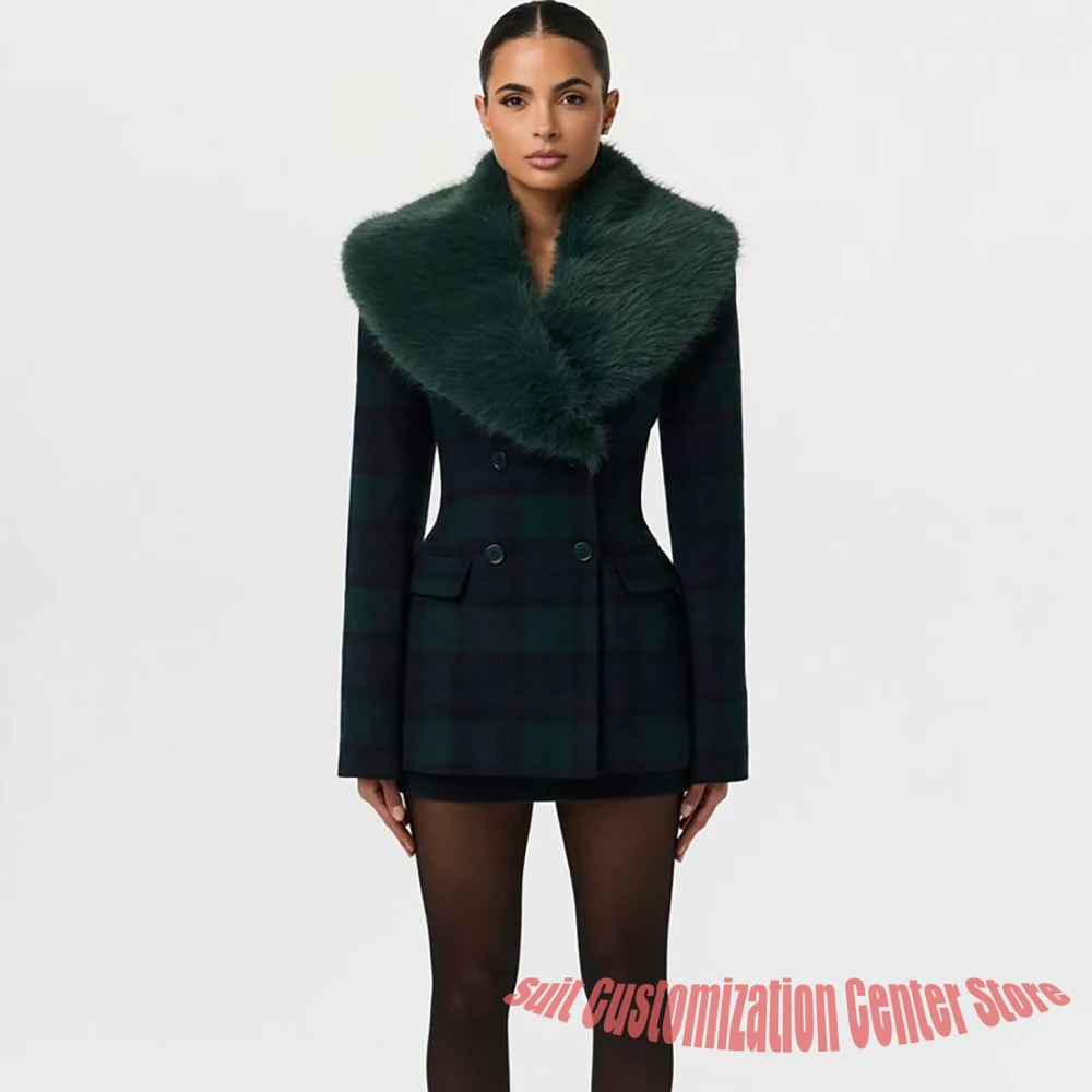 Dark Green Plaid Double-Breasted Blazer Women's Faux Fur Two Piece(Jacket+Pants) Stylish Evening Party Cocktail Event Outerwears