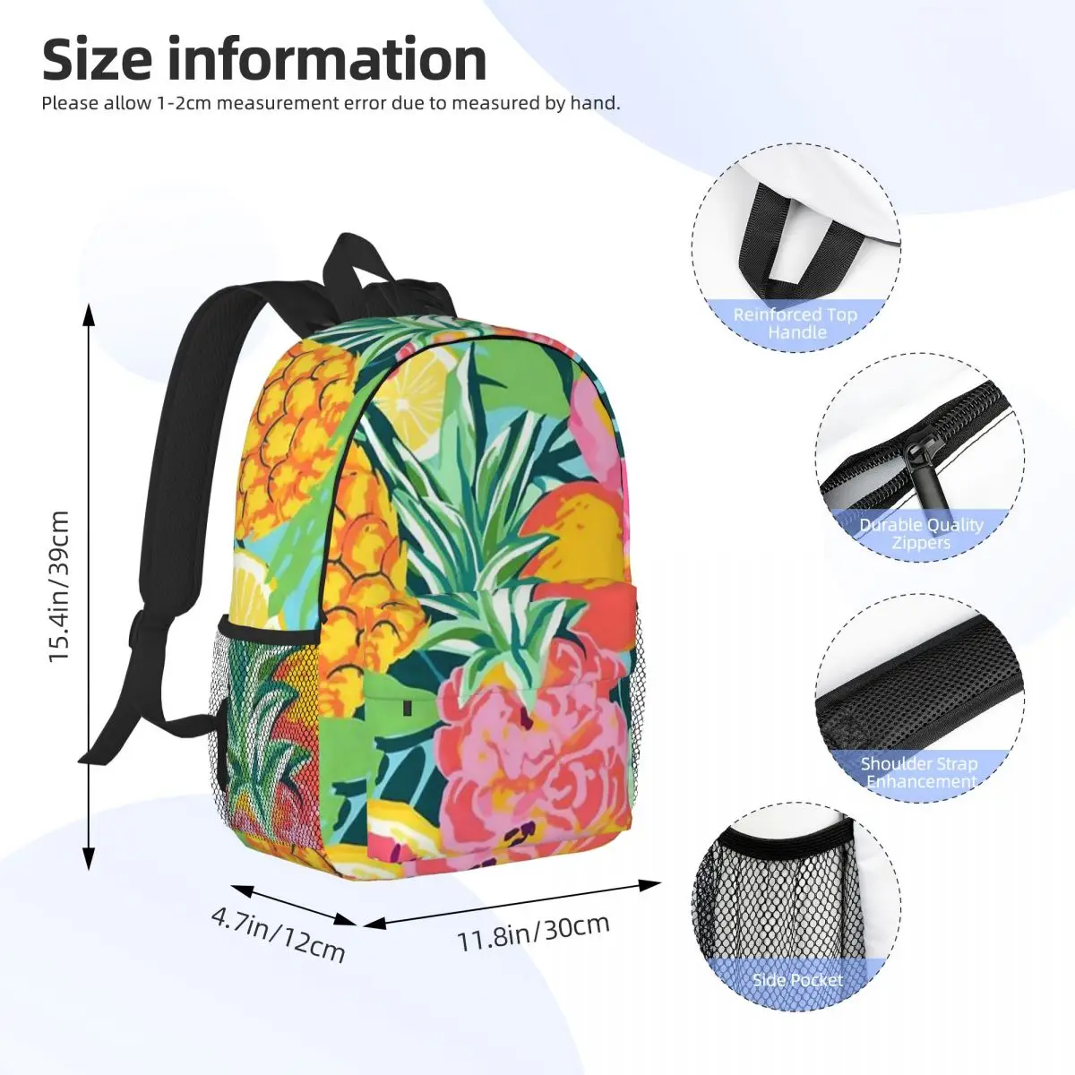 Tropical Hawaiian Pineapple Flowers Backpack Daypack Large Capacity Boys Girls BookBag Shoulder Bags for Children School Bag