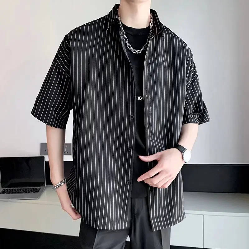 Gestreiftes Hemd für Herren, japanisch, lässig, Oversize-Trend, schwarz, Unisex, Gothic, kurzärmelige Blusen