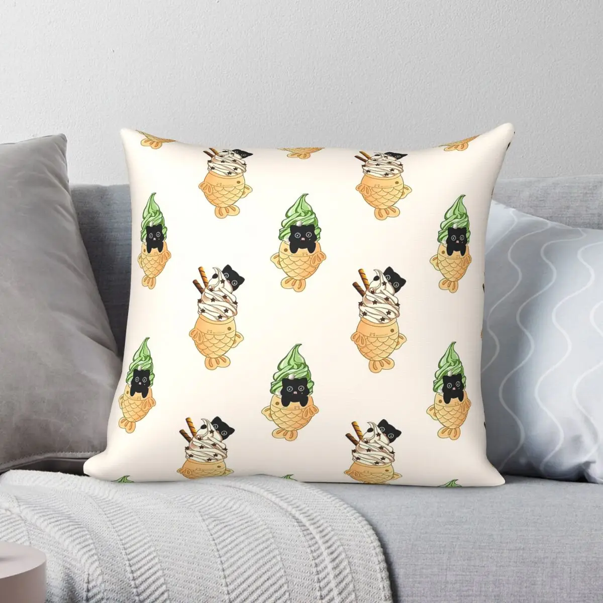 Cat Taiyaki Fish Ice Cream Set Square Pillowcase Polyester Linen Velvet Pattern Decor Throw Pillow Sofa Cushion Cover 45x45
