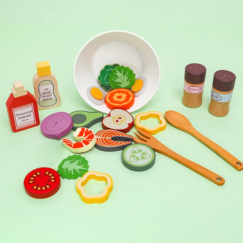 

Wooden Simulation Kitchen Pretend Play Toys Set Food Accessories Pizza Salad Dessert Set Montessori Educational Toy for Kids