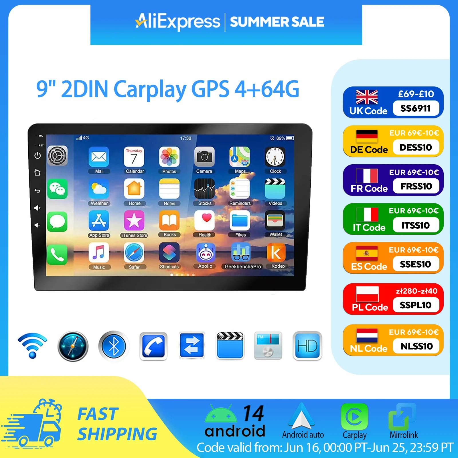 

ESSGOO 9Inch 2 DIN Car Stereo Radio Wirless Carplay Android Auto Car Stereo Bluetooth 64G GPS Navigation RDS WiFi USB FM DAB+CAM