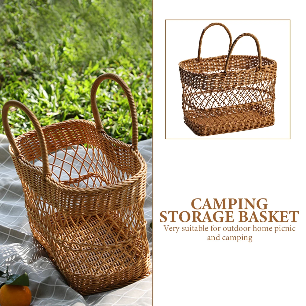 

Imitation Rattan Woven Basket Plastic Rustic Style Multi-Function Storage Basket Picnic Fruit Storage Kitchen Helper