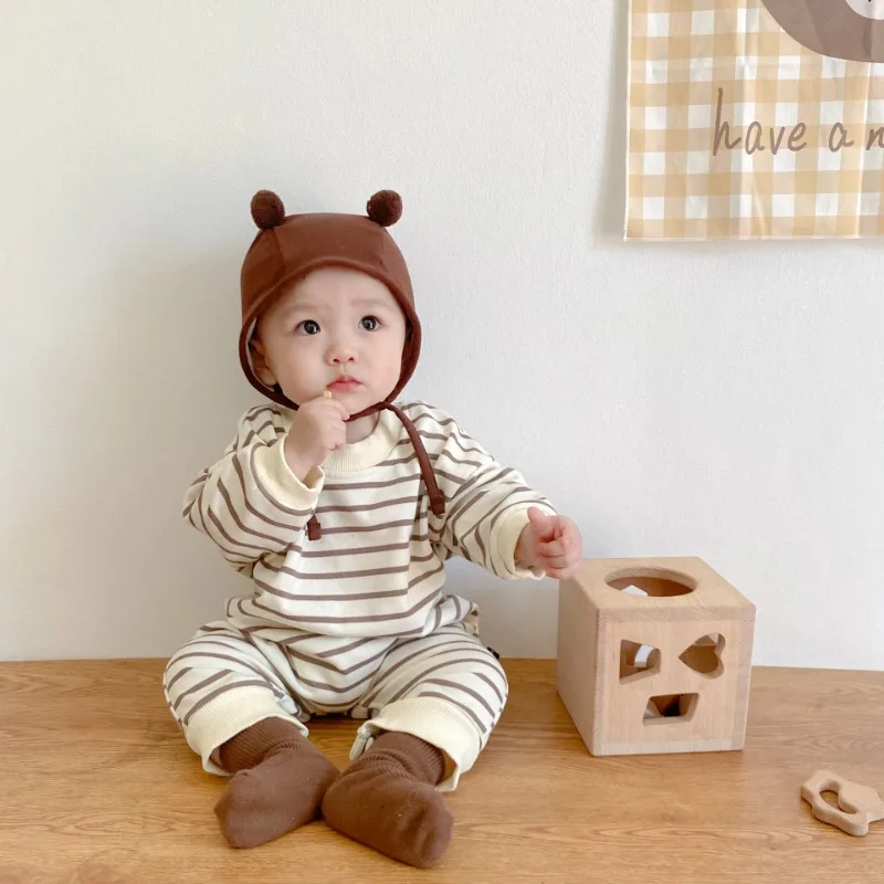 Baby Striped Romper Spring Autumn Long Sleeve Casual Jumpsuit Korean Style Little Bear Bodysuit for Newborns Boys Girls Clothing