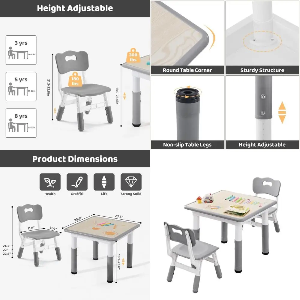 

Детский стол и 2 стула с регулируемой высотой, от 2 до 8 лет, нескользящий, протираемый, чистый стол для занятий малышей Монтессори для дома, дошкольного возраста,